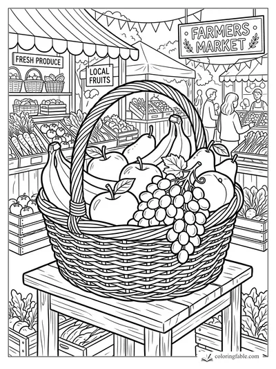 Woven fruit basket with apples, bananas, grapes and pears at a busy farmers market stall