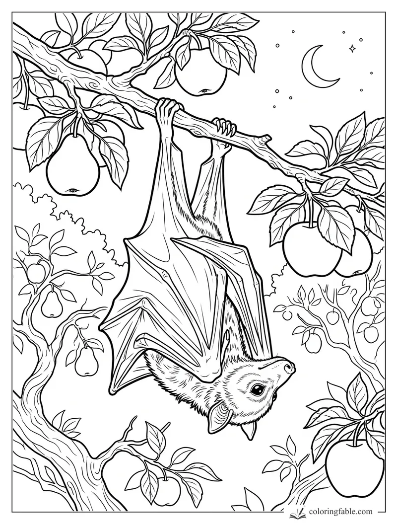 Realistic fruit bat hanging upside down from an apple tree branch under a crescent moon.