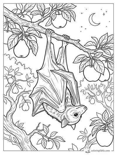 Realistic fruit bat hanging upside down from an apple tree branch under a crescent moon.