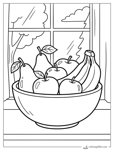 Fruit bowl with apples, pears, bananas, leaves, and a window view of trees and clouds