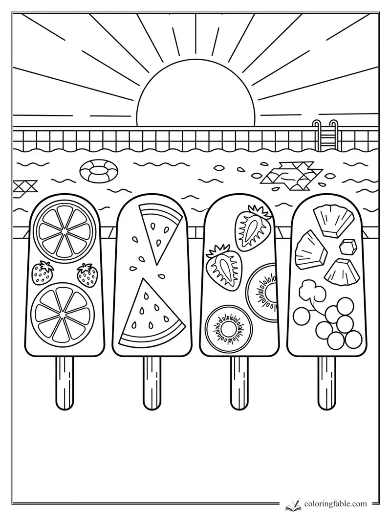Four fruit ice pops with citrus, watermelon, berries, kiwi, and coconut by a sunset swimming pool.