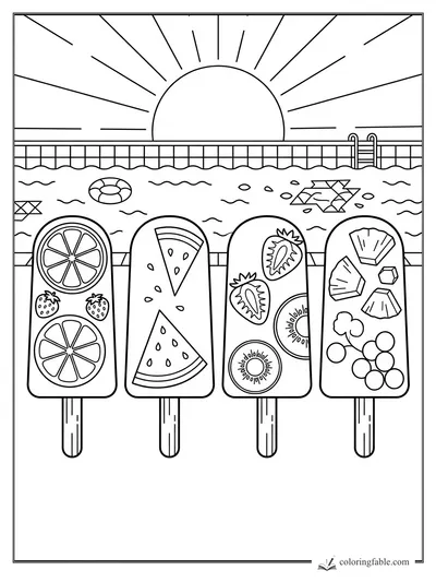Four fruit ice pops with citrus, watermelon, berries, kiwi, and coconut by a sunset swimming pool.