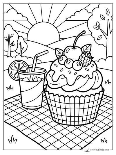 Cupcake with berries, cherry, drink cup, checkered picnic blanket, trees, hills, and sunrise