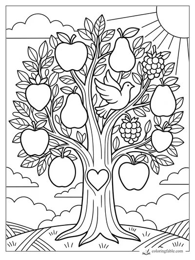 Bible tree coloring page with apples, pears, grapes, dove, heart trunk, sun, clouds, and rolling fields