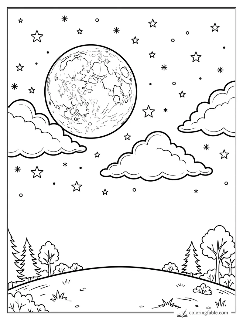 Full moon with craters above clouds, stars, rolling hills, pine trees, and bushes coloring page