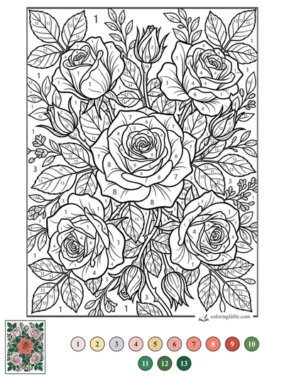 Full Rose Bouquet With Buds and Leafy Sprigs — color by number