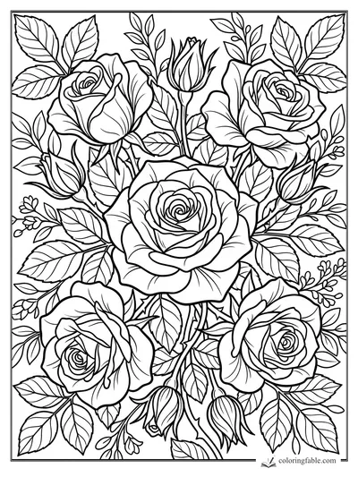 Floral coloring page of five open roses, rosebuds, serrated leaves, and small garden sprigs.