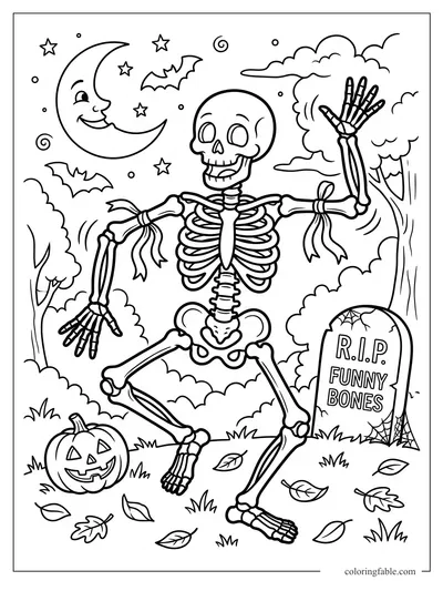 Cartoon skeleton dancing by a smiling moon, bats, jack-o’-lantern, and Funny Bones tombstone.