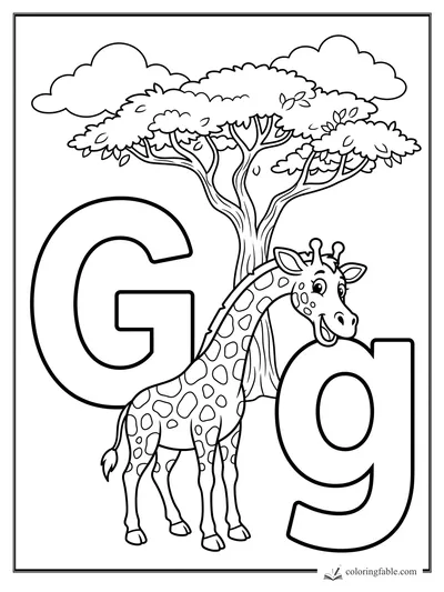 Uppercase and lowercase G with a smiling giraffe under an acacia tree and clouds