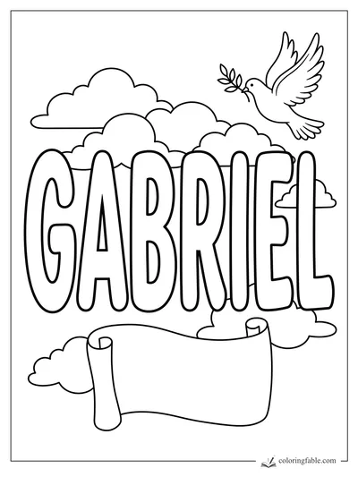 Gabriel name coloring page with a flying dove, olive branch, clouds, and blank scroll