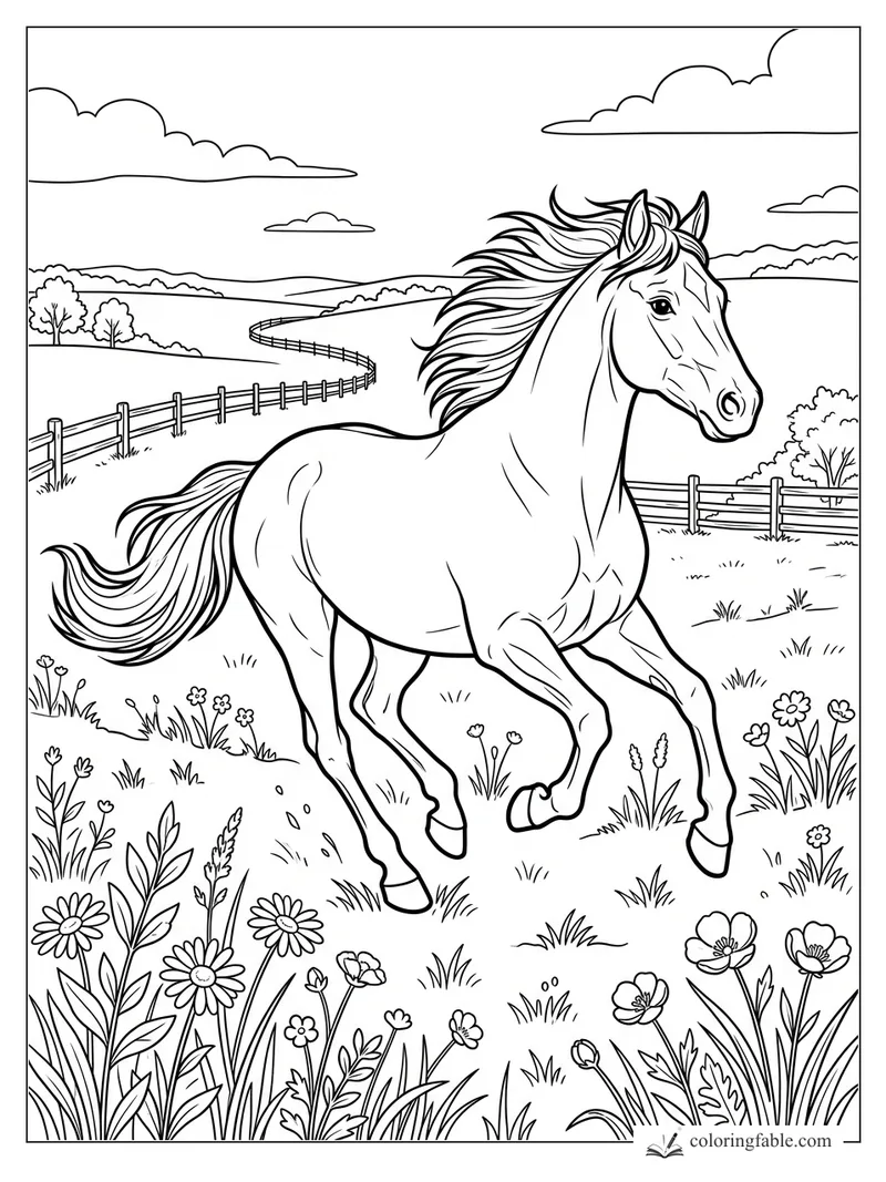 Horse galloping past fences and wildflowers in a rolling countryside coloring page