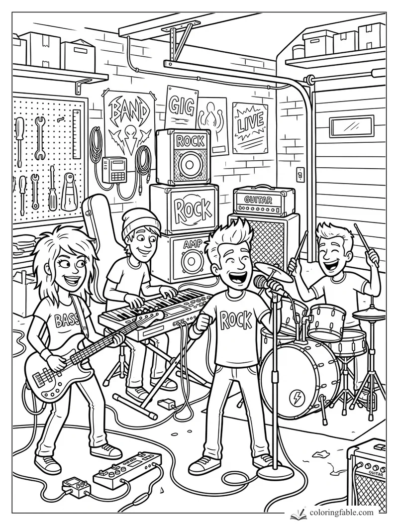 Cartoon teen rock band rehearsing in a garage with bass, keyboard, microphone, drums, amps, tools, and posters.