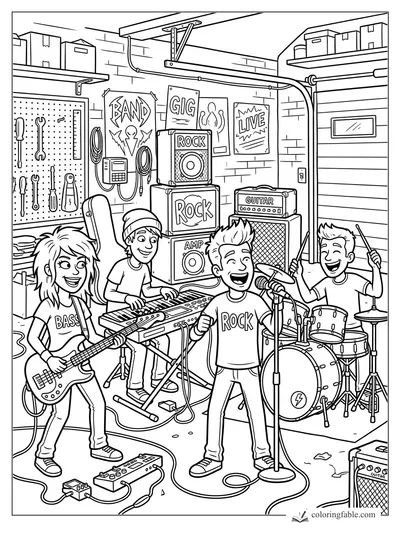Cartoon teen rock band rehearsing in a garage with bass, keyboard, microphone, drums, amps, tools, and posters.