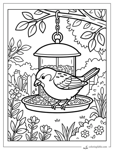 Easy coloring page of a small bird dropping seeds at a hanging garden feeder with leaves and flowers