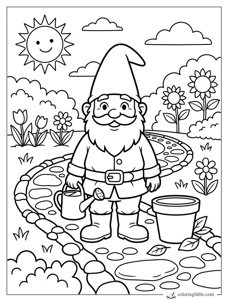 Smiling garden gnome holding a watering can beside flowers, a pot, stone paths, clouds, and sun.