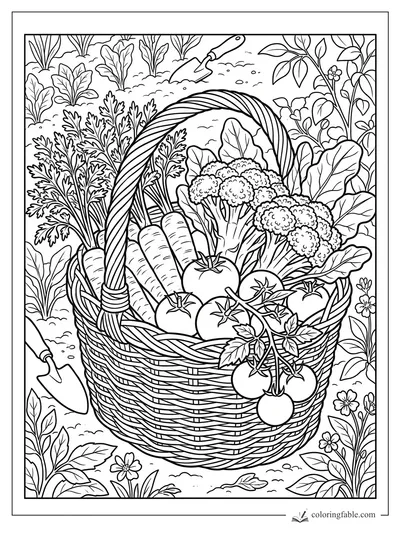 Coloring page of a woven garden basket filled with carrots, tomatoes, broccoli, and leafy plants
