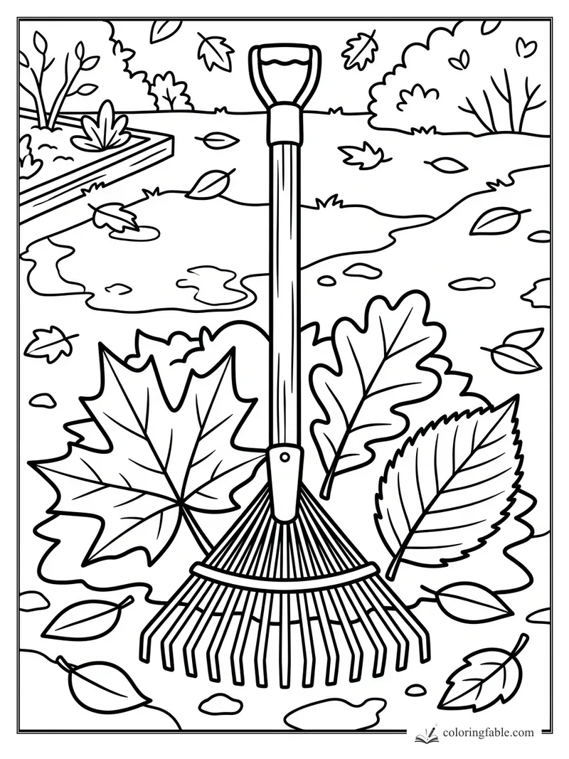 Bold fall coloring page with a garden rake, large maple and oak leaves, and scattered leaves in a yard.