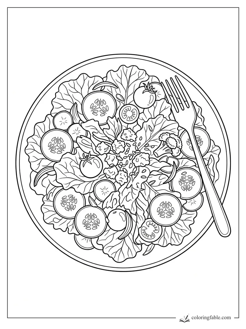 Realistic salad coloring page with lettuce, cucumber slices, tomatoes, broccoli, seeds, and a fork on a plate
