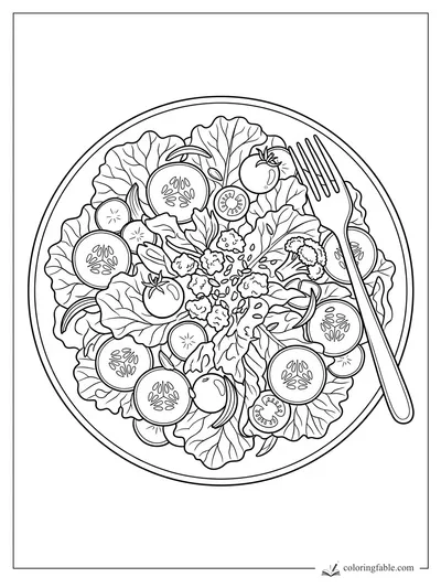Realistic salad coloring page with lettuce, cucumber slices, tomatoes, broccoli, seeds, and a fork on a plate
