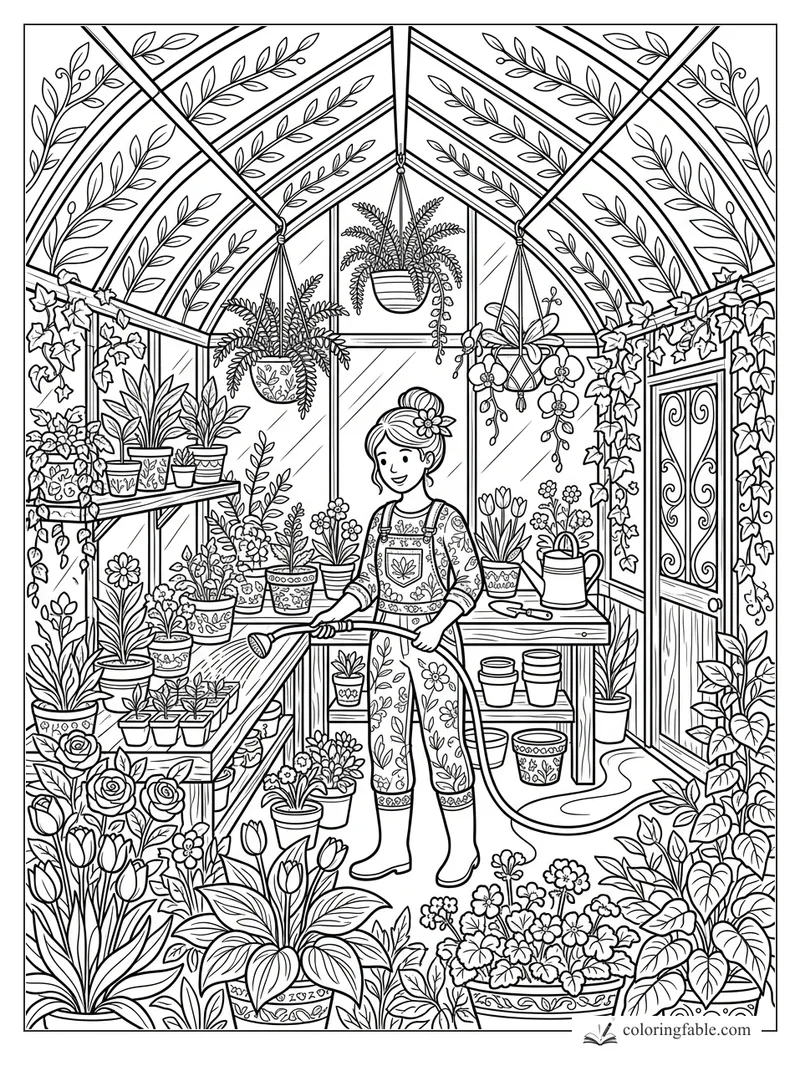 Girl watering potted flowers inside a greenhouse with hanging plants, ivy, tulips, and leafy glass panels.