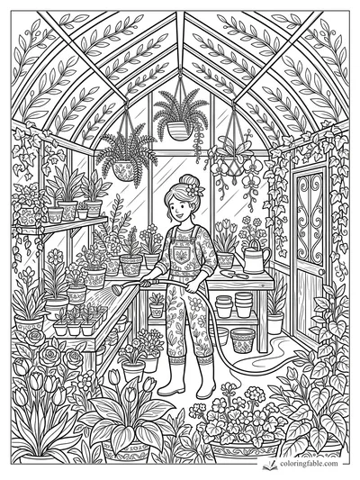 Girl watering potted flowers inside a greenhouse with hanging plants, ivy, tulips, and leafy glass panels.
