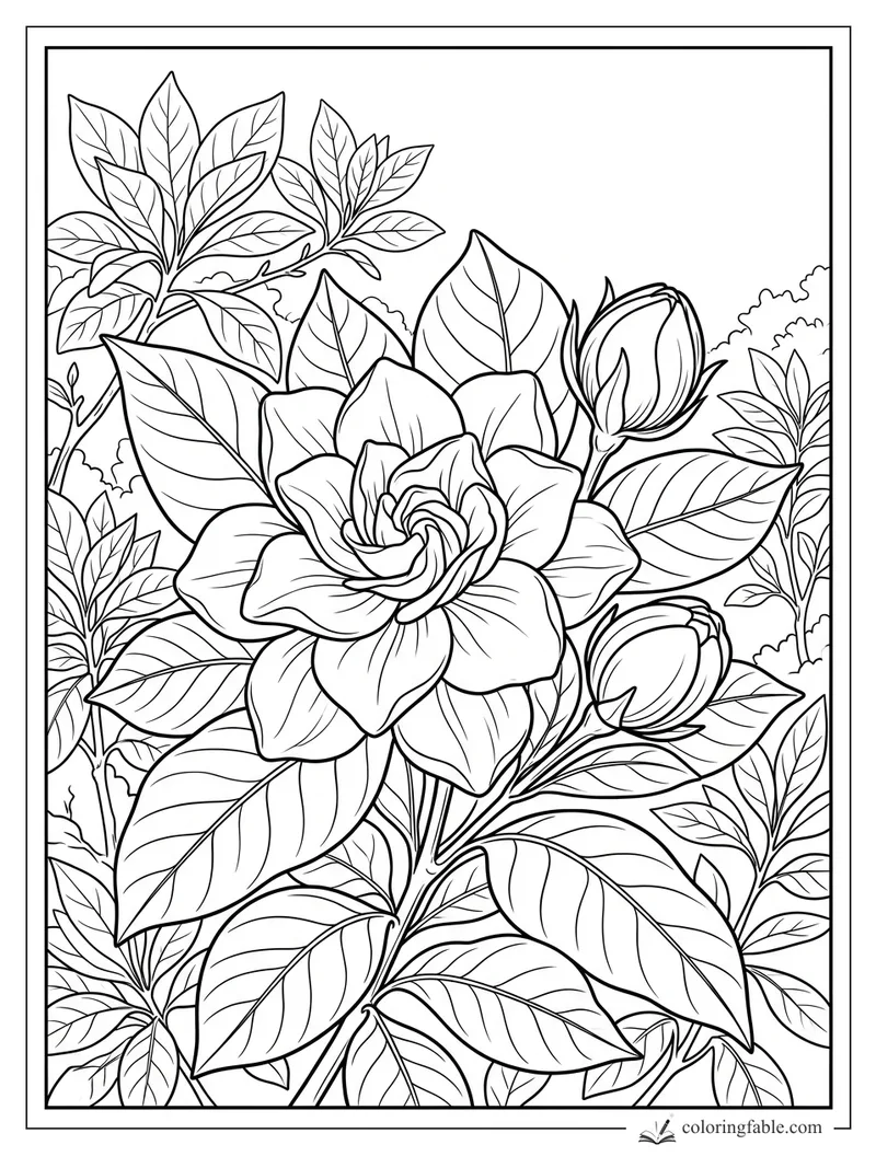 Realistic gardenia flower with two buds, veined leaves, and leafy shrubs in a bordered coloring page.