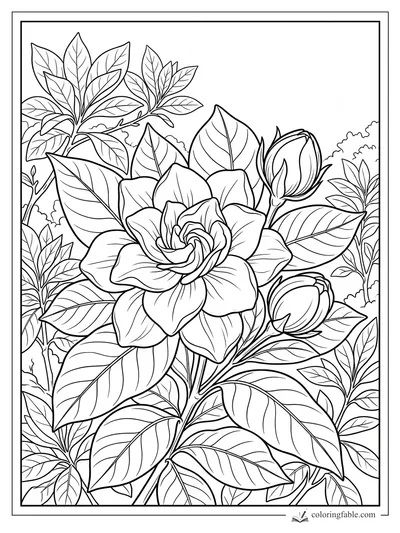 Realistic gardenia flower with two buds, veined leaves, and leafy shrubs in a bordered coloring page.