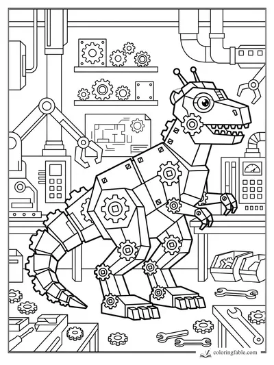 Geometric robot T. rex with gears, claws, pipes, shelves, robotic arms, and tools in a workshop