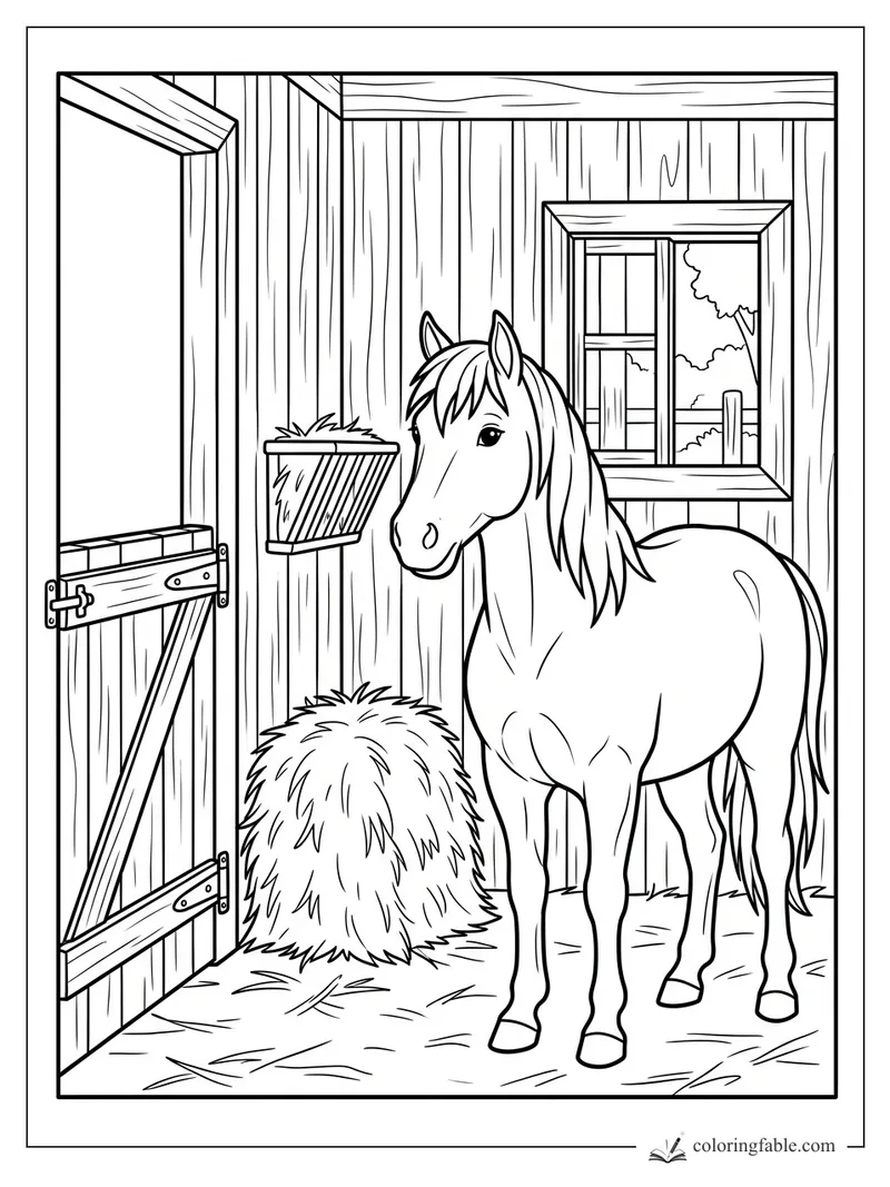 Pony standing in a wooden stall beside a hay bale, feed box, open door, and window.