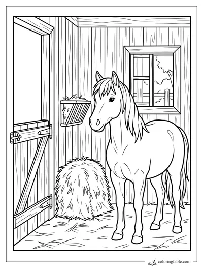 Pony standing in a wooden stall beside a hay bale, feed box, open door, and window.