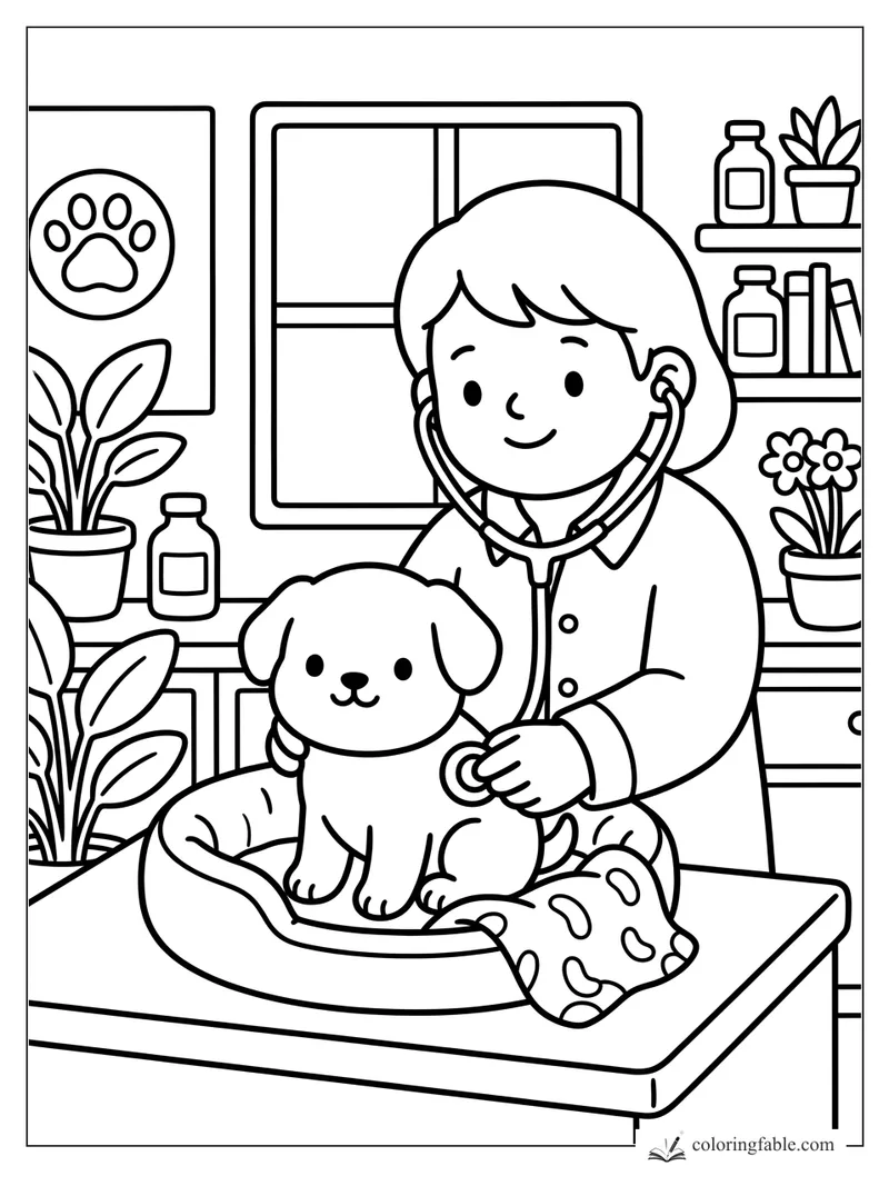 Child veterinarian listens to a puppy in a bed, with plants, bottles, shelves, and a paw-print poster.