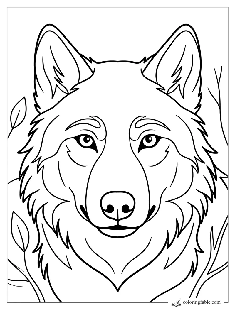 Minimalist wolf face coloring page with tall ears, kind eyes, fluffy cheeks, and leafy branches