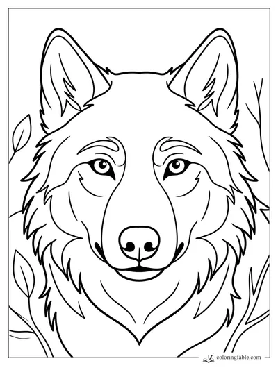 Minimalist wolf face coloring page with tall ears, kind eyes, fluffy cheeks, and leafy branches