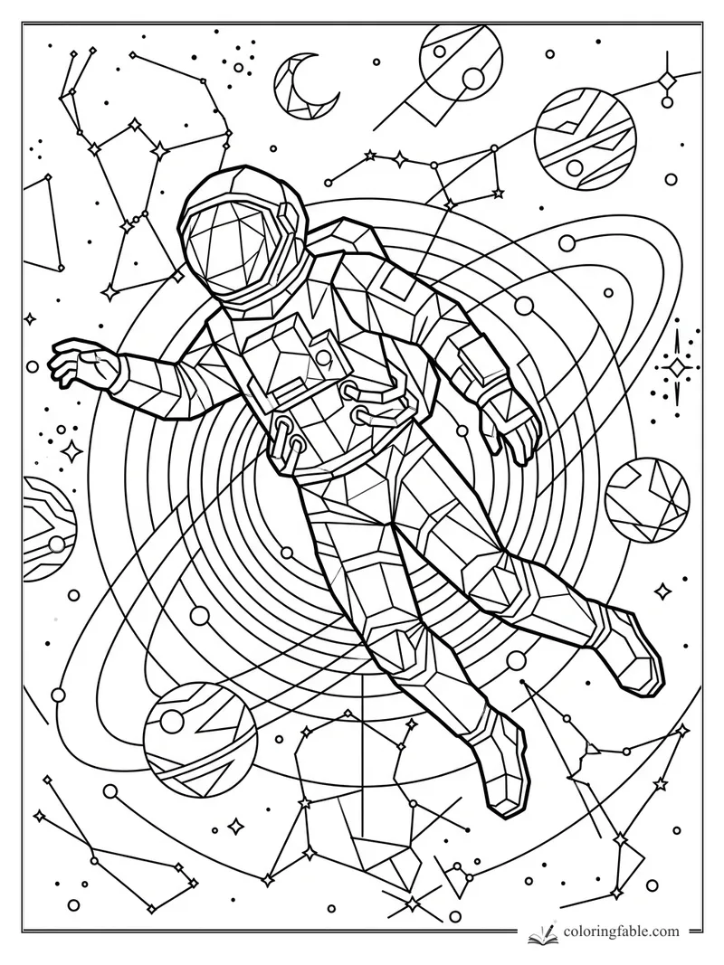 Intricate geometric astronaut floating among planet rings, constellations, stars, and patterned moons