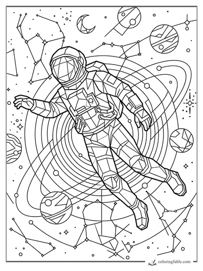 Intricate geometric astronaut floating among planet rings, constellations, stars, and patterned moons