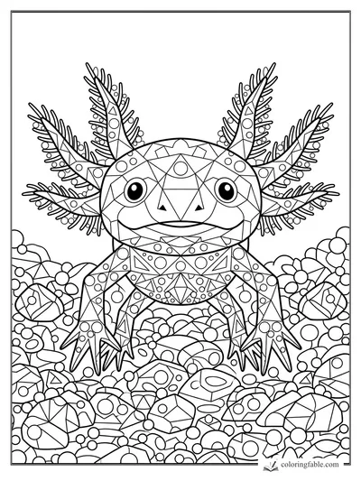 Geometric axolotl with feathery gills sitting among patterned gems and bubbles
