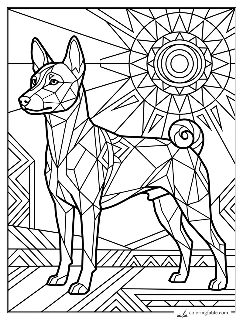 Intricate geometric Basenji dog with pointed ears, curled tail, and sunburst mandala background