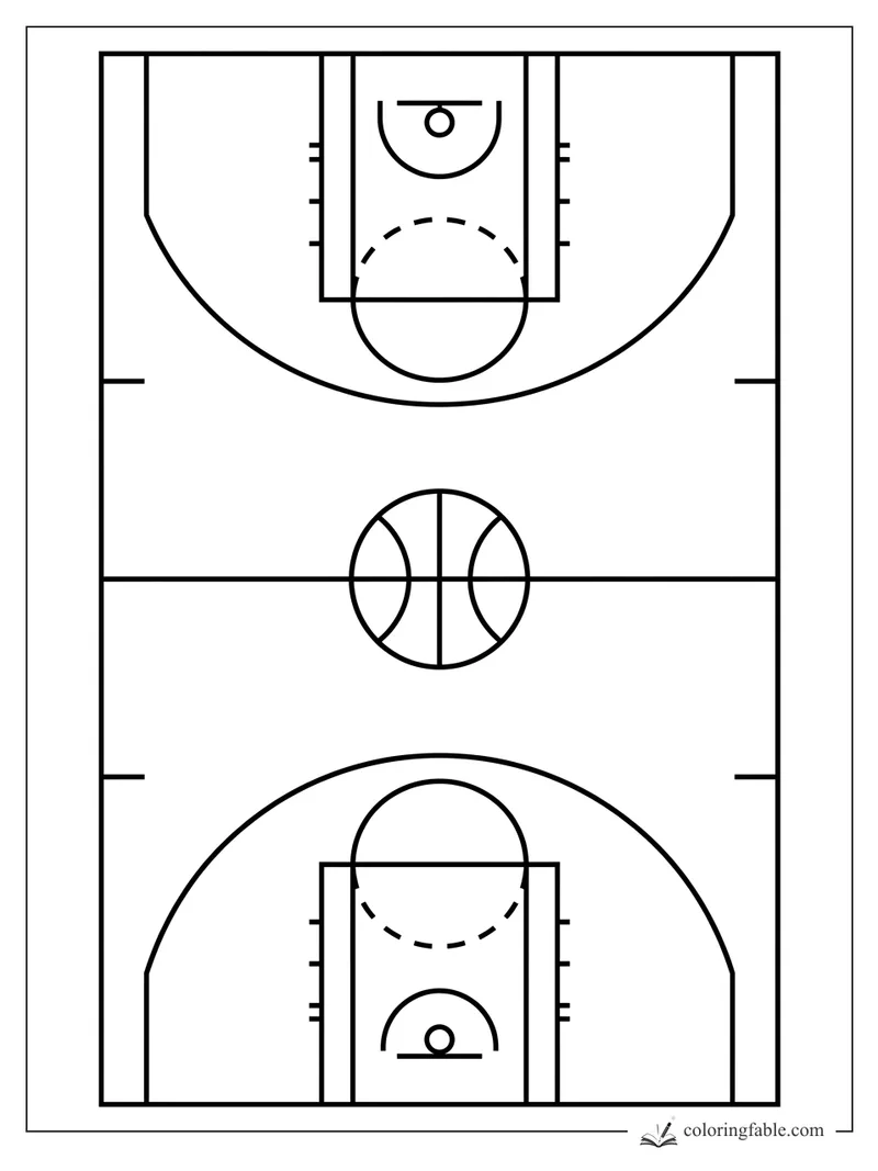 Top-down geometric basketball court with center ball, hoops, keys, arcs, and sideline marks