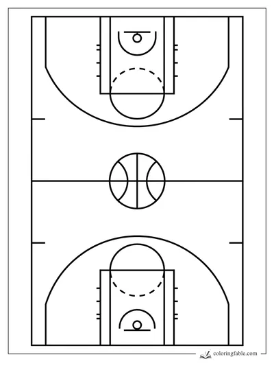 Top-down geometric basketball court with center ball, hoops, keys, arcs, and sideline marks