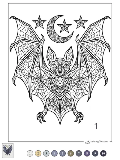 Geometric Bat Beneath a Patterned Crescent — color by number