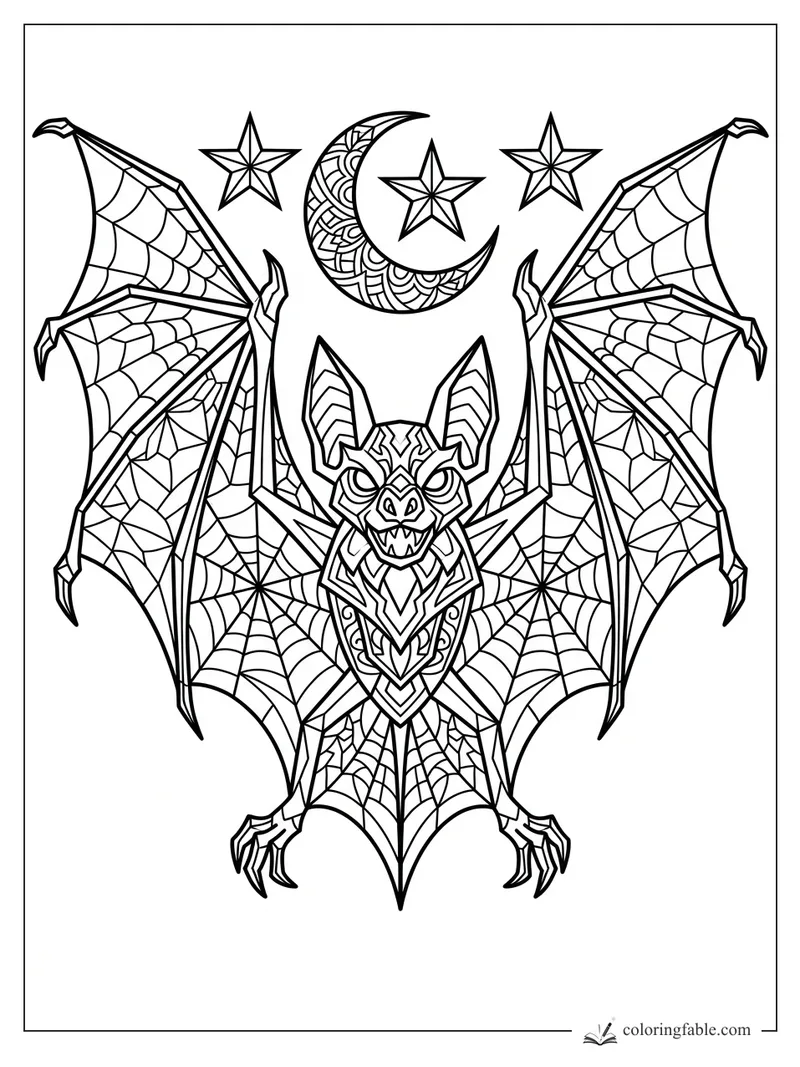 Intricate geometric bat with webbed wings, sharp claws, crescent moon, and three stars