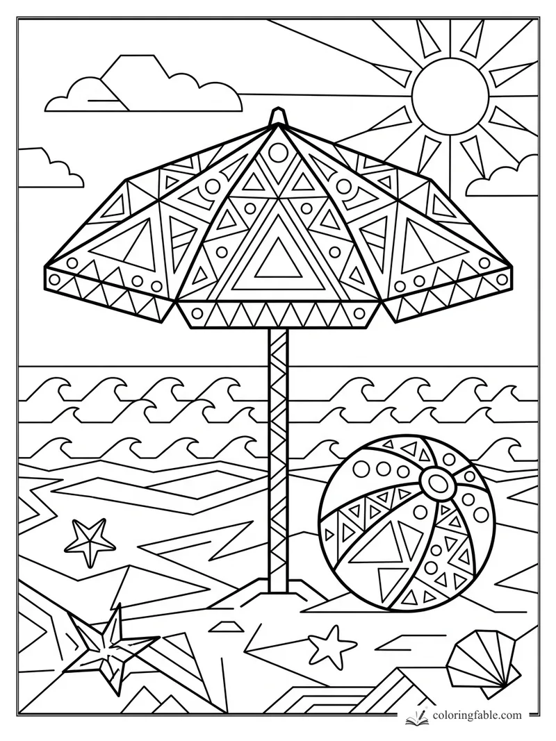 Intricate geometric beach umbrella, sun, waves, beach ball, starfish, and shell coloring page