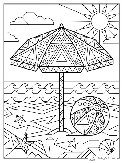Intricate geometric beach umbrella, sun, waves, beach ball, starfish, and shell coloring page