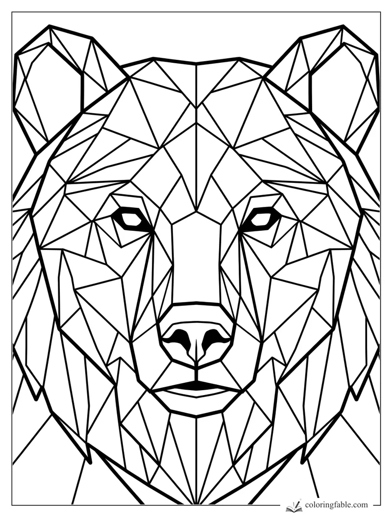 Intricate geometric bear face coloring page with angular ears, narrow eyes, and faceted muzzle