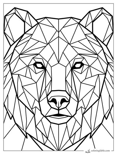 Intricate geometric bear face coloring page with angular ears, narrow eyes, and faceted muzzle