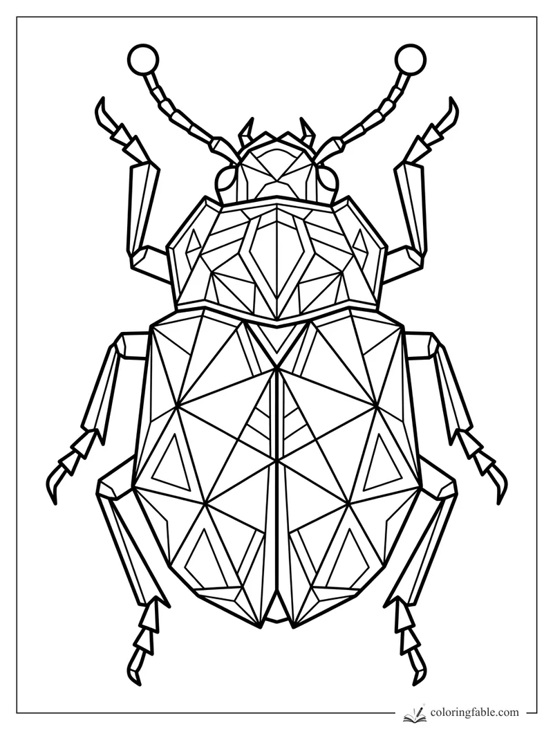 Intricate geometric beetle with faceted shell, raised legs, and round-tipped antennae