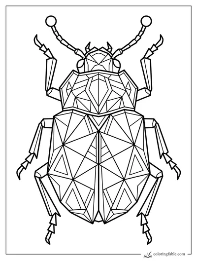 Intricate geometric beetle with faceted shell, raised legs, and round-tipped antennae