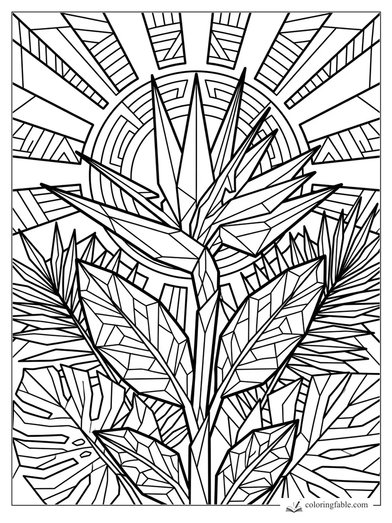 Intricate geometric bird of paradise flower with angular leaves and a radiant circular sunburst background