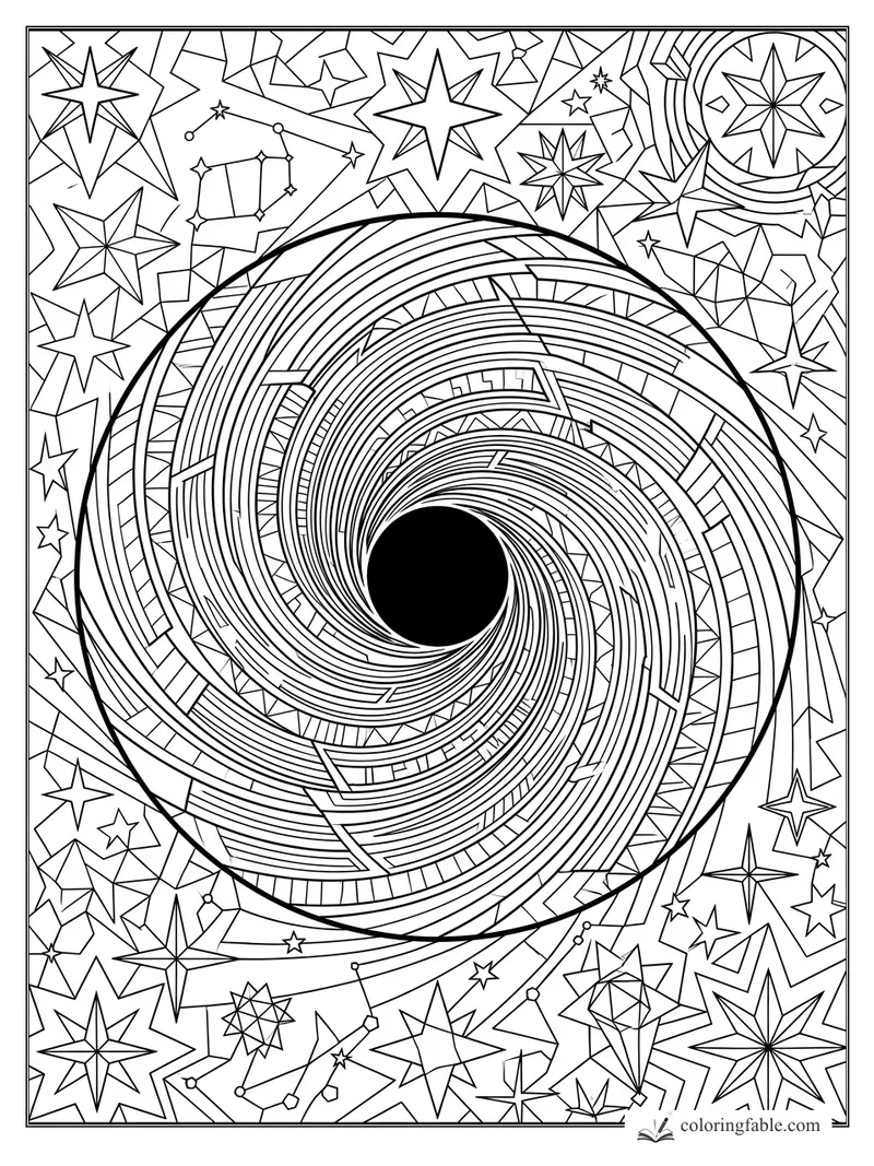 Intricate geometric black hole spiral surrounded by angular stars, constellations, and a ringed planet.
