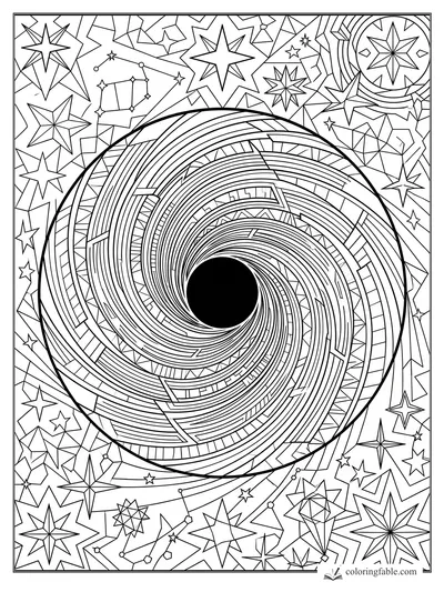 Intricate geometric black hole spiral surrounded by angular stars, constellations, and a ringed planet.